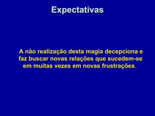 ExpectativasExpectativas
A não realização desta magia decepciona e
faz buscar novas relações que sucedem-se
em muitas vezes em novas frustrações.
 