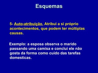 EsquemasEsquemas
5- Auto-atribuição. Atribui a si próprio
acontecimentos, que podem ter múltiplas
causas.
Exemplo: a esposa observa o marido
passando uma camisa e conclui ele não
gosta da forma como cuido das tarefas
domesticas.
 