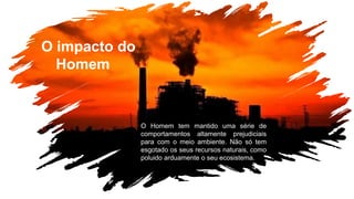 O Homem tem mantido uma série de
comportamentos altamente prejudiciais
para com o meio ambiente. Não só tem
esgotado os seus recursos naturais, como
poluido arduamente o seu ecosistema.
O impacto do
Homem
 