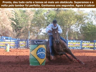 Pronto, deu tudo certo e temos só mais um obstáculo. Superamos e a volta pelo tambor foi perfeita. Ganhamos uns segundos. Agora é cobrar o máximo do animal e esperar pelo resultado. 