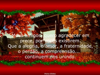 Meus amigos, quero agradecer em prece, por vocês existirem. Que a alegria, o amor, a fraternidade, o perdão, a compreensão...  continuem nos unindo. 