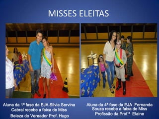 MISSES ELEITAS




Aluna da 1ª fase da EJA Silvia Servina   Aluna da 4ª fase da EJA Fernanda
    Cabral recebe a faixa de Miss           Souza recebe a faixa de Miss
    Beleza do Vereador Prof. Hugo            Profissão da Prof.ª Elaine
 