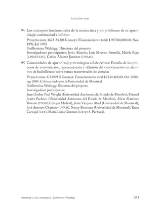 Currículum vitae
Homenaje a una trayectoria: Guillermina Waldegg 213
94. Los conceptos fundamentales de la matemática y los problemas de su apren-
dizaje: continuidad e infinito
Proyecto núm. 1623-S9208 Conacyt. Financiamiento total: $ 96’500,000.00. Nov.
1992-Jul 1995
Guillermina Waldegg: Directora del proyecto
Investigadores participantes: Jesús Alarcón, Luis Moreno Armella, Mirela Rigo
(CINVESTAV), Carlos Álvarez Jiménez (UNAM).
95 Comunidades de aprendizaje y tecnologías colaborativas: Estudio de los pro-
cesos de construcción, representación y difusión del conocimiento en alum-
nos de bachillerato sobre temas transversales de ciencias
Proyecto núm. G33909-S Conacyt. Financiamiento total $3’240,468.00. Oct. 2000-
sep 2004. Cofinanciado por la Universidad de Montreal.
Guillermina Waldegg: Directora del proyecto
Investigadores participantes:
Janet Esther Paul Wright (Universidad Autónoma del Estado de Morelos), Manuel
Juárez Pacheco (Universidad Autónoma del Estado de Morelos), Alicia Martínez
Dorado (UNAM, Colegio Madrid), Jesús Vázquez Abad (Universidad de Montreal),
José Antonio Chamizo (UNAM), Nancy Bousseau (Universidad de Montreal), Enna
Carvajal (CEE), María Luisa Guzmán (CBTyS 8, Pachuca).
 