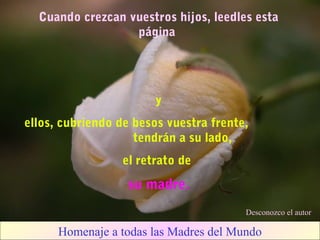 Cuando crezcan vuestros hijos, leedles esta
página
y
ellos, cubriendo de besos vuestra frente,
tendrán a su lado,
el retrato de
su madre.
Homenaje a todas las Madres del Mundo
Desconozco el autor
 