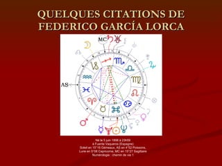 QUELQUES CITATIONS DE FEDERICO GARCÍA LORCA Né le 5 juin 1898 à 23h59 à Fuente Vaqueros (Espagne) Soleil en 15°16 Gémeaux, AS en 4°52 Poissons, Lune en 5°08 Capricorne, MC en 15°27 Sagittaire Numérologie : chemin de vie 1 
