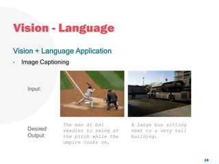 Vision - Language
Vision + Language Application
• Image Captioning
Input:
The man at bat
readies to swing at
the pitch while the
umpire looks on.
Desired
Output:
A large bus sitting
next to a very tall
building.
18
 
