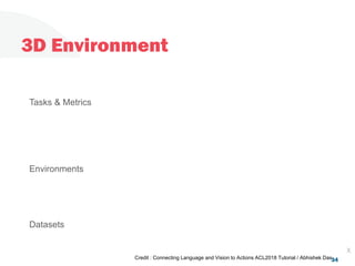 3D Environment
34
X
Datasets
Environments
Tasks & Metrics
Credit : Connecting Language and Vision to Actions ACL2018 Tutorial / Abhishek Das
 
