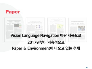 Paper
41
Vision Language Navigation 이란 제목으로
2017년부터 지속적으로
Paper & Environment이 나오고 있는 추세
 