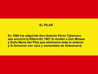 EL PILAR En 1986 fue adquirida Don Antonio Pérez Tabernero que anuncia la Ribera.En 1987 la venden a Don Moises y Doña Maria Del Pilar,que eliminaron todo lo anterior y lo formaron con vaca y sementales de Aldeanueva. 