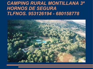 CAMPING RURAL MONTILLANA 3ª
HORNOS DE SEGURA
TLFNOS. 953126194 - 680158778
 