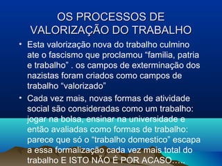 OS PROCESSOS DEOS PROCESSOS DE
VALORIZAÇÃO DO TRABALHOVALORIZAÇÃO DO TRABALHO
• Esta valorização nova do trabalho culmino
ate o fascismo que proclamou “familia, patria
e trabalho” . os campos de exterminação dos
nazistas foram criados como campos de
trabalho “valorizado”
• Cada vez mais, novas formas de atividade
social são consideradas como um trabalho:
jogar na bolsa, ensinar na universidade e
então avaliadas como formas de trabalho:
parece que só o “trabalho domestico” escapa
a essa formalização cada vez mais total do
trabalho E ISTO NÃO É POR ACASO…..
 