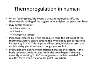 Thermoregulation in human When fever occurs, the hypothalamus temporarily shifts the thermostatic setting of the organism to a higher temperature. Fever  may be the result of  inflammation or infection  endogenous pyrogen  Pyrogens released by white blood cells raise the set point of the thermoregulatory centre causing the whole body temperature to increase by 2-3 °C. This helps to kill bacteria, inhibits viruses, and explains why you shiver even though you are hot.  Prostaglandins during inflammation increases the setting. If the body temperature is not yet there, the body begins shivering violently — causing "chills" — to generate the heat needed. The result is fever when the new set point is reached.  