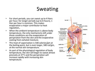 Sweating For short periods, you can sweat up to 4 liters per hour; for longer periods (up to 6 hours), 1 liter per hour is common. This makes evaporation a major contributor to heat regulation,.  When the ambient temperature is above body temperature, the only mechanisms left under those conditions are the evaporation of perspiration from the skin and the evaporative cooling from exhaled moisture. This heat of vaporization is 540 calories/gm at the boiling point, but is even larger, 580 cal/gm, at the normal skin temperature. As part of the physiological regulation of body temperature, the skin will begin to sweat almost precisely at 37°C and the perspiration will increase rapidly with increasing skin temperature. 