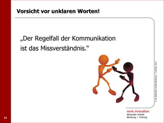 Vorsicht vor unklaren Worten!




      „Der Regelfall der Kommunikation
      ist das Missverständnis.“




                                                               © by Alexander Greisle Beratung + Training, 2011
                                         work.innovation
                                         Alexander Greisle
14                                       Beratung + Training
 