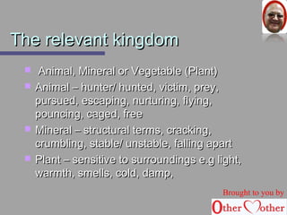 TThhee rreelleevvaanntt kkiinnggddoomm 
 AAnniimmaall,, MMiinneerraall oorr VVeeggeettaabbllee ((PPllaanntt)) 
 AAnniimmaall –– hhuunntteerr// hhuunntteedd,, vviiccttiimm,, pprreeyy,, 
ppuurrssuueedd,, eessccaappiinngg,, nnuurrttuurriinngg,, ffllyyiinngg,, 
ppoouunncciinngg,, ccaaggeedd,, ffrreeee 
 MMiinneerraall –– ssttrruuccttuurraall tteerrmmss,, ccrraacckkiinngg,, 
ccrruummbblliinngg,, ssttaabbllee// uunnssttaabbllee,, ffaalllliinngg aappaarrtt 
 PPllaanntt –– sseennssiittiivvee ttoo ssuurrrroouunnddiinnggss ee..gg lliigghhtt,, 
wwaarrmmtthh,, ssmmeellllss,, ccoolldd,, ddaammpp,, 
Brought to you by 
 