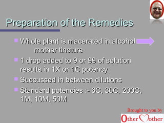 PPrreeppaarraattiioonn ooff tthhee RReemmeeddiieess 
WWhhoollee ppllaanntt iiss mmaacceerraatteedd iinn aallccoohhooll 
mmootthheerr ttiinnccttuurree 
 11 ddrroopp aaddddeedd ttoo 99 oorr 9999 ooff ssoolluuttiioonn 
rreessuullttss iinn 11XX oorr 11CC ppootteennccyy 
 SSuuccccuusssseedd iinn bbeettwweeeenn ddiilluuttiioonnss 
 SSttaannddaarrdd ppootteenncciieess ::-- 66CC,, 3300CC,, 220000CC,, 
11MM,, 1100MM,, 5500MM 
Brought to you by 
 
