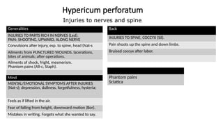 Hypericum perforatum
Generalities
INJURIES TO PARTS RICH IN NERVES (Led).
PAIN: SHOOTING, UPWARD, ALONG NERVE
Convulsions after injury, esp. to spine, head (Nat-s
Ailments from PUNCTURED WOUNDS, lacerations,
bites of animals; after operations.
Ailments of shock, fright, mesmerism.
Phantom pains (All-c, Staph).
Mind
MENTAL/EMOTIONAL SYMPTOMS AFTER INJURIES
(Nat-s); depression, dullness, forgetfulness, hysteria;
Feels as if lifted in the air.
Fear of falling from height, downward motion (Bor).
Mistakes in writing. Forgets what she wanted to say.
Back
INJURIES TO SPINE, COCCYX (Sil).
Pain shoots up the spine and down limbs.
Bruised coccyx after labor.
Phantom pains
Sciatica
Injuries to nerves and spine.
 