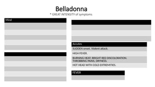 Belladonna
* GREAT INTENSITY of symptoms
Mind
Accutes
SUDDEN onset. Violent attack.
HIGH FEVER.
BURNING HEAT; BRIGHT RED DISCOLORATION.
THROBBING PAINS, DRYNESS.
HOT HEAD WITH COLD EXTREMITIES.
FEVER
 