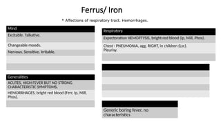Ferrus/ Iron
Mind
Excitable. Talkative.
Changeable moods.
Nervous. Sensitive. Irritable.
Generalities
ACUTES, HIGH FEVER BUT NO STRONG
CHARACTERISTIC SYMPTOMS.
HEMORRHAGES, bright red blood (Ferr, Ip, Mill,
Phos).
Respiratory
Expectoration HEMOPTYSIS, bright-red blood (ip, Mill, Phos).
Chest - PNEUMONIA, agg. RIGHT, in children (Lyc).
Pleurisy.
Generic boring fever, no
characteristics
* Affections of respiratory tract. Hemorrhages.
 