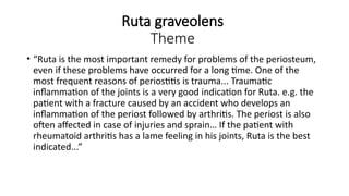Ruta graveolens
Theme
• “Ruta is the most important remedy for problems of the periosteum,
even if these problems have occurred for a long time. One of the
most frequent reasons of periostitis is trauma... Traumatic
inflammation of the joints is a very good indication for Ruta. e.g. the
patient with a fracture caused by an accident who develops an
inflammation of the periost followed by arthritis. The periost is also
often affected in case of injuries and sprain… If the patient with
rheumatoid arthritis has a lame feeling in his joints, Ruta is the best
indicated...”
 