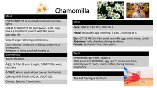Chamomilla
Mind
OVERSENSITIVE to external impressions (noise,
light).
GREAT SENSITIVITY TO PAIN (Acon., Coff., Hep,
Nux-v.). Impatient, violent with the pains.
IRRITABILITY
Violent anger. Whining restlessness.
Quarrelsome. Intolerant of being spoken to or
interrupted.
Aversion to being touched, looked at.
Generalities
Warm-blooded.
Agg. 9 A.M. (9 p.m. ), night, DENTITION, wind,
narcotics
Amel: Warm applications (except toothache).
COMPLAINTS FROM ANGER, VEXATION.
Cramps. Spasms. Convulsions.
other
Face: ONE CHEEK RED, ONE PALE.
Head: Headache agg. morning, 9 p.m. , thinking of it.
Ear: OTITIS MEDIA. Pain amel. warmth, agg. wind, noise, touch.
Abdomen: colic, diarrhea during dentition
Female: dysmenorrhea, labor pains
Teeth
DENTITION DIFFICULT, PAINFUL.
PAIN amel. COLD DRINKS, agg. warm drinks and food,
entering warm room, touch, coffee, during menses,
pregnancy.
The kid having a tantrum
 