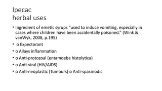 Ipecac
herbal uses
• Ingredient of emetic syrups “used to induce vomiting, especially in
cases where children have been accidentally poisoned.” (Wink &
vanWyk, 2008, p.195)
• o Expectorant
• o Allays inflammation
• o Anti-protozoal (entamoeba histolytica)
• o Anti-viral (HIV/AIDS)
• o Anti-neoplastic (Tumours) o Anti-spasmodic
 