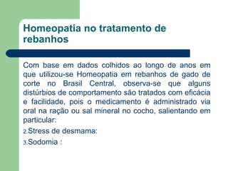 Homeopatia no tratamento de rebanhos Com base em dados colhidos ao longo de anos em que utilizou-se Homeopatia em rebanhos de gado de corte no Brasil Central, observa-se que alguns distúrbios de comportamento são tratados com eficácia e facilidade, pois o medicamento é administrado via oral na ração ou sal mineral no cocho, salientando em particular: Stress de desmama:  Sodomia :  