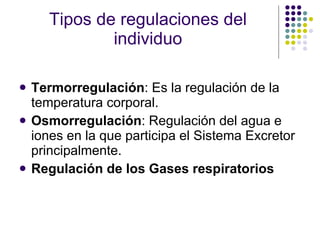 Tipos de regulaciones del individuo Termorregulación : Es la regulación de la temperatura corporal. Osmorregulación : Regulación del agua e iones en la que participa el Sistema Excretor principalmente.  Regulación de los Gases respiratorios   