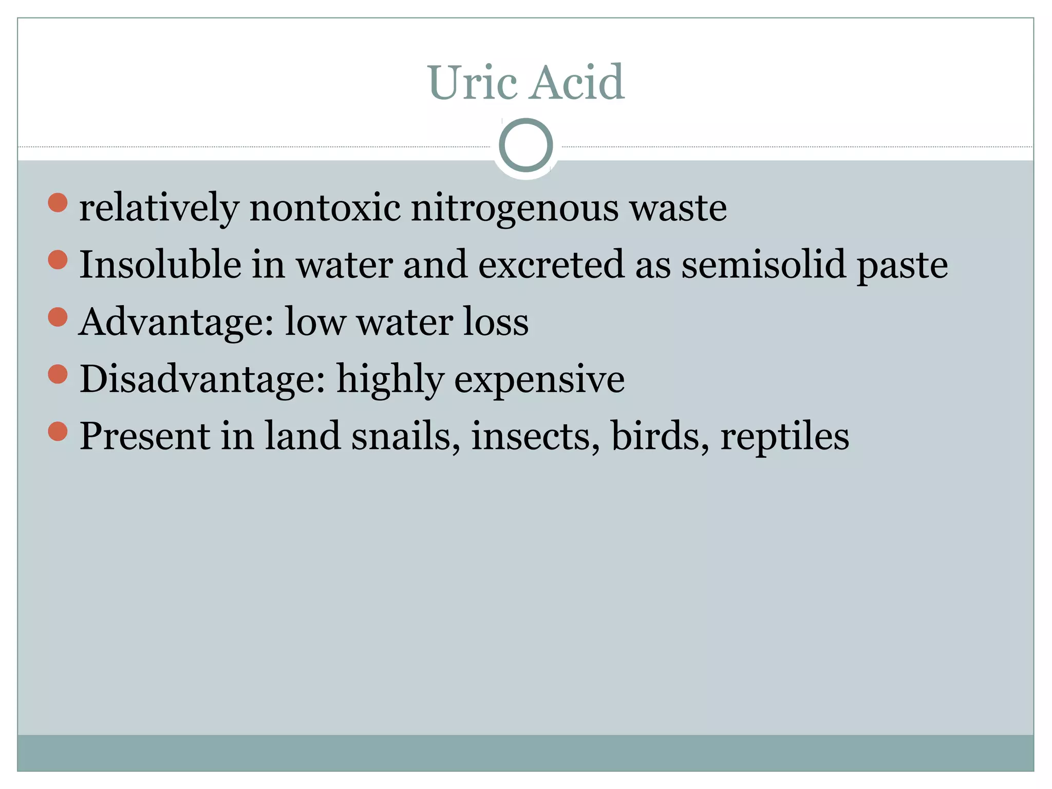 Uric Acid
relatively nontoxic nitrogenous waste
Insoluble in water and excreted as semisolid paste
Advantage: low water loss
Disadvantage: highly expensive
Present in land snails, insects, birds, reptiles
 