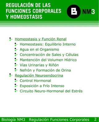 Homeostasis y Función Renal Homeostasis: Equilibrio Interno Agua en el Organismo Concentración de Sales y Células Mantención del Volumen Hídrico Vías Urinarias y Riñón Nefrón y Formación de Orina Regulación Neuroendocrina Control Hormonal Exposición a Frío Intenso Circuito Neuro-Hormonal del Estrés