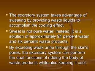   The excretory system takes advantage of
    sweating by providing waste liquids to
    accomplish the cooling effect.
   Sweat is not pure water; instead, it is a
    solution of approximately 94 percent water
    and six percent waste products.
   By excreting weak urine through the skin's
    pores, the excretory system can perform
    the dual functions of ridding the body of
    waste products while also keeping it cool.
 