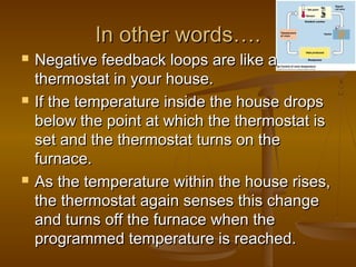 In other words….
   Negative feedback loops are like a
    thermostat in your house.
   If the temperature inside the house drops
    below the point at which the thermostat is
    set and the thermostat turns on the
    furnace.
   As the temperature within the house rises,
    the thermostat again senses this change
    and turns off the furnace when the
    programmed temperature is reached.
 