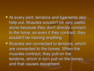    At every joint, tendons and ligaments also
    help out. Muscles wouldn't be very useful
    alone because they don't directly connect
    to the bone, so even if they contract, they
    wouldn't be moving anything.
   Muscles are connected to tendons, which
    are connected to the bones. When the
    muscles contract, they pull on the
    tendons, which in turn pull on the bones,
    and that causes movement.
 