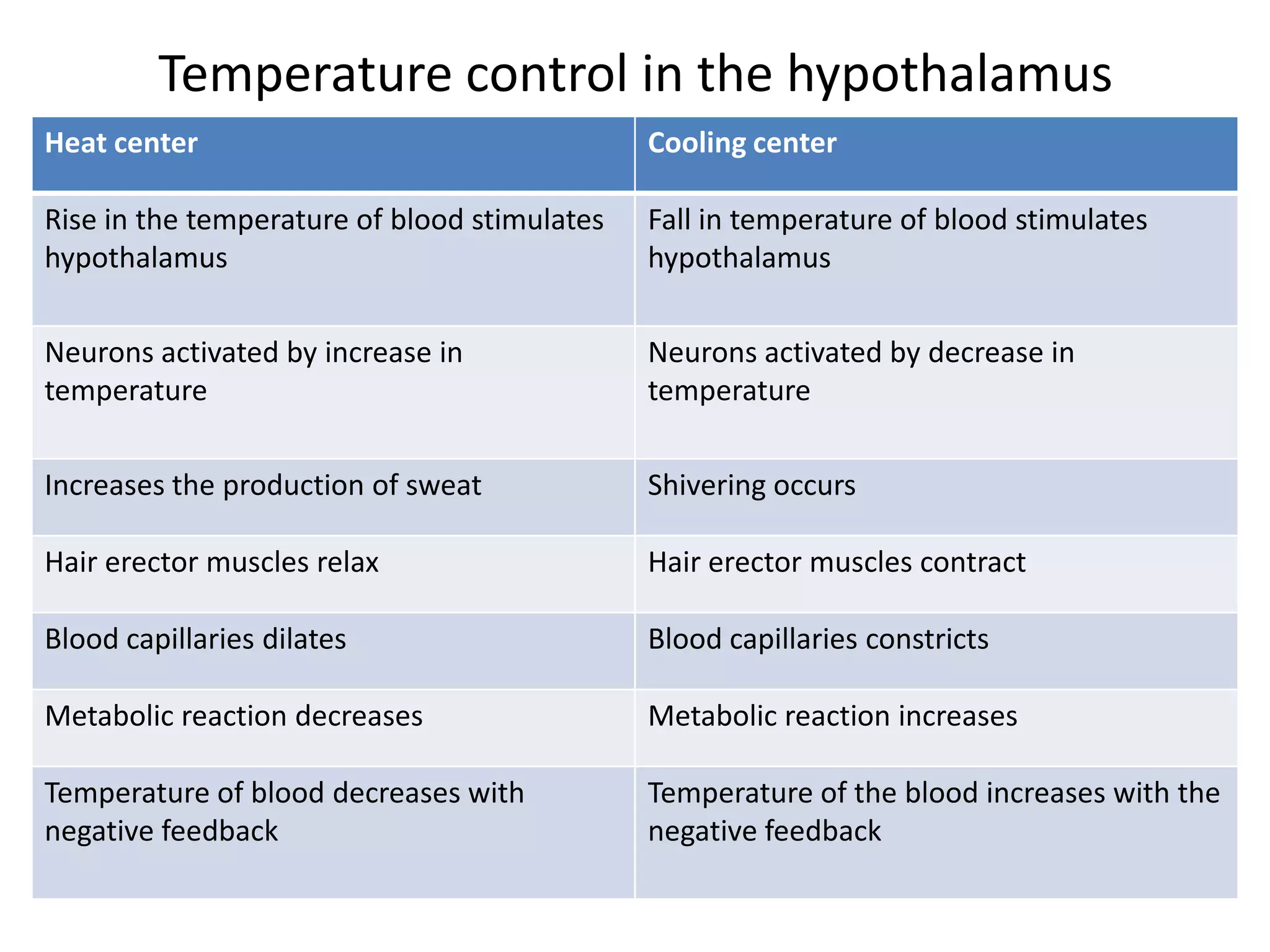 Temperature control in the hypothalamus
Heat center Cooling center
Rise in the temperature of blood stimulates
hypothalamus
Fall in temperature of blood stimulates
hypothalamus
Neurons activated by increase in
temperature
Neurons activated by decrease in
temperature
Increases the production of sweat Shivering occurs
Hair erector muscles relax Hair erector muscles contract
Blood capillaries dilates Blood capillaries constricts
Metabolic reaction decreases Metabolic reaction increases
Temperature of blood decreases with
negative feedback
Temperature of the blood increases with the
negative feedback
 
