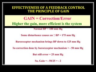 EFFECTIVENESS OF A FEEDBACK CONTROL 
THE PRINCIPLE OF GAIN 
GAIN = Correction/Error 
Higher the gain, more efficient is the system 
Normal BP = 100 mm Hg 
Some disturbance causes an ↑ BP = 175 mm Hg 
Baroreceptor mechanism brings BP down to 125 mm Hg 
So correction done by baroreceptor mechanism = - 50 mm Hg 
But still error = 25 mm Hg 
So, Gain = - 50/25 = - 2 
 