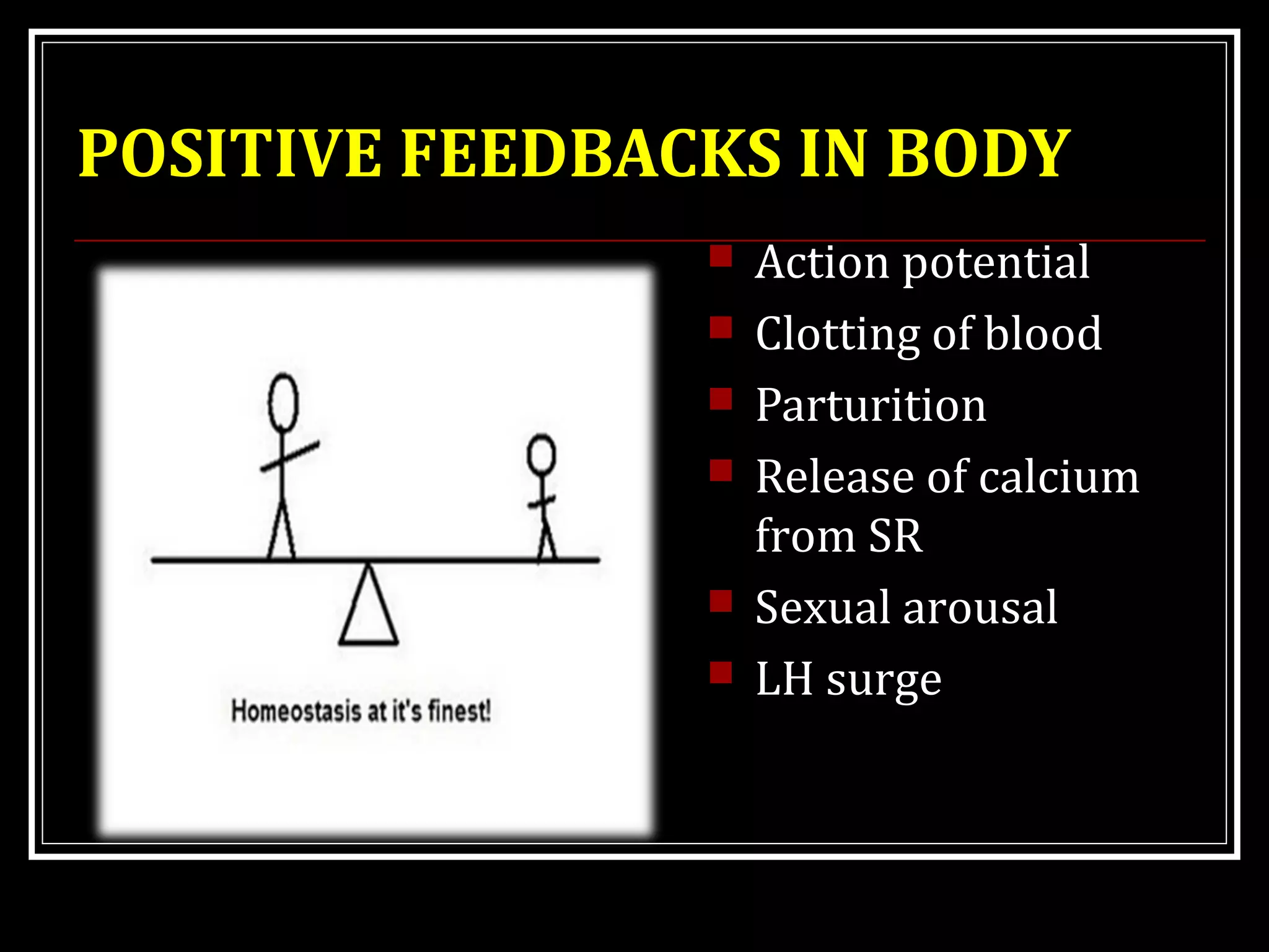 POSITIVE FEEDBACKS IN BODY
 Action potential
 Clotting of blood
 Parturition
 Release of calcium
from SR
 Sexual arousal
 LH surge
 