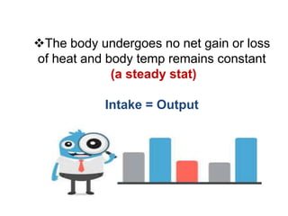 The body undergoes no net gain or loss
of heat and body temp remains constant
(a steady stat)
Intake = Output
 