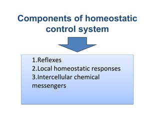 Components of homeostatic
control system
1.Reflexes
2.Local homeostatic responses
3.Intercellular chemical
messengers
 