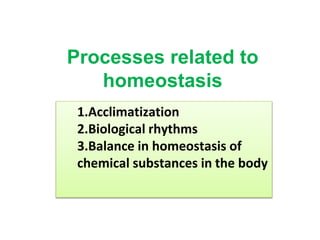Processes related to
homeostasis
1.Acclimatization
2.Biological rhythms
3.Balance in homeostasis of
chemical substances in the body
 