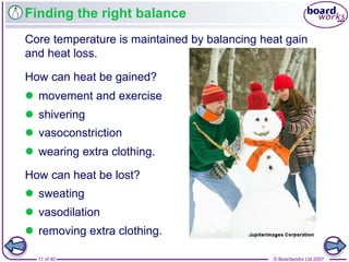 © Boardworks Ltd 200711 of 40
Finding the right balance
Core temperature is maintained by balancing heat gain
and heat loss.
How can heat be gained?
How can heat be lost?
 movement and exercise
 shivering
 vasoconstriction
 wearing extra clothing.
 sweating
 vasodilation
 removing extra clothing.
 