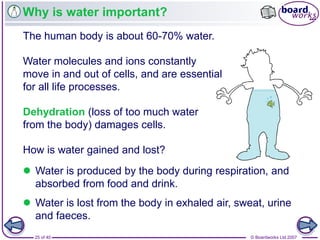 © Boardworks Ltd 200725 of 40
Why is water important?
The human body is about 60-70% water.
 Water is produced by the body during respiration, and
absorbed from food and drink.
 Water is lost from the body in exhaled air, sweat, urine
and faeces.
How is water gained and lost?
Water molecules and ions constantly
move in and out of cells, and are essential
for all life processes.
Dehydration (loss of too much water
from the body) damages cells.
 