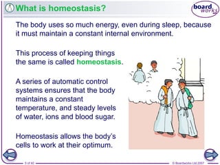 © Boardworks Ltd 20075 of 40
What is homeostasis?
The body uses so much energy, even during sleep, because
it must maintain a constant internal environment.
This process of keeping things
the same is called homeostasis.
A series of automatic control
systems ensures that the body
maintains a constant
temperature, and steady levels
of water, ions and blood sugar.
Homeostasis allows the body’s
cells to work at their optimum.
 