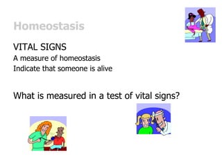 Homeostasis
VITAL SIGNS
A measure of homeostasis
Indicate that someone is alive
What is measured in a test of vital signs?
 