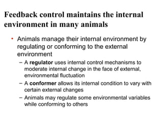 Feedback control maintains the internal
environment in many animals
• Animals manage their internal environment by
regulating or conforming to the external
environment
– A regulator uses internal control mechanisms to
moderate internal change in the face of external,
environmental fluctuation
– A conformer allows its internal condition to vary with
certain external changes
– Animals may regulate some environmental variables
while conforming to others

 