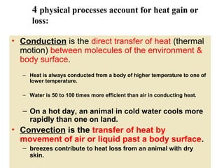 4 physical processes account for heat gain or
loss:
• Conduction is the direct transfer of heat (thermal
motion) between molecules of the environment &
body surface.
– Heat is always conducted from a body of higher temperature to one of
lower temperature.
– Water is 50 to 100 times more efficient than air in conducting heat.

– On a hot day, an animal in cold water cools more
rapidly than one on land.

• Convection is the transfer of heat by
movement of air or liquid past a body surface.
– breezes contribute to heat loss from an animal with dry
skin.

 