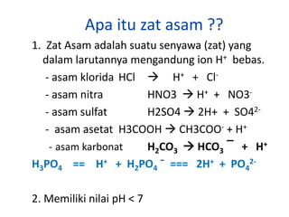 Apa itu zat asam ??
1. Zat Asam adalah suatu senyawa (zat) yang
dalam larutannya mengandung ion H+ bebas.
- asam klorida HCl  H+ + Cl-
- asam nitra HNO3  H+ + NO3-
- asam sulfat H2SO4  2H+ + SO42-
- asam asetat H3COOH  CH3COO- + H+
- asam karbonat H2CO3  HCO3 ¯ + H+
H3PO4 == H+ + H2PO4 ¯ === 2H+ + PO4
2-
2. Memiliki nilai pH < 7
 