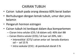 CAIRAN TUBUH
• Cairan tubuh pada orang dewasa 60% berat badan
• Berhubungan dengan lemak tubuh, umur dan jenis
kelamin
• Pengaruh hormon estrogen
• Cairan tubuh ini terdapat dalam dua kompartemen
– Ciaran Intra seluler (CIS / di dalam sel): 40% dari BB
– Cairan Ekstra seluler (CES) / di luar sel 20%, tdd :
• Interestitial (CIT)/ cairan antar sel berada diantara
sel – sel 15 %
• Intra vaskular (CIV) : di pembuluh darah 5 %
6
 