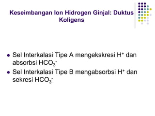  Sel Interkalasi Tipe A mengekskresi H+ dan
absorbsi HCO3
-
 Sel Interkalasi Tipe B mengabsorbsi H+ dan
sekresi HCO3
-
Keseimbangan Ion Hidrogen Ginjal: Duktus
Koligens
 