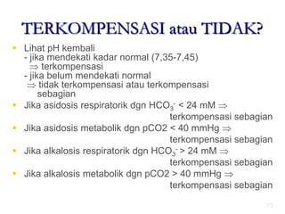 73
TERKOMPENSASI atau TIDAK?
 Lihat pH kembali
- jika mendekati kadar normal (7,35-7,45)
 terkompensasi
- jika belum mendekati normal
 tidak terkompensasi atau terkompensasi
sebagian
 Jika asidosis respiratorik dgn HCO3
- < 24 mM 
terkompensasi sebagian
 Jika asidosis metabolik dgn pCO2 < 40 mmHg 
terkompensasi sebagian
 Jika alkalosis respiratorik dgn HCO3
- > 24 mM 
terkompensasi sebagian
 Jika alkalosis metabolik dgn pCO2 > 40 mmHg 
terkompensasi sebagian
 