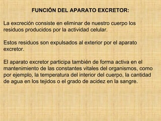 FUNCIÓN DEL APARATO EXCRETOR:
La excreción consiste en eliminar de nuestro cuerpo los
residuos producidos por la actividad celular.
Estos residuos son expulsados al exterior por el aparato
excretor.
El aparato excretor participa también de forma activa en el
mantenimiento de las constantes vitales del organismos, como
por ejemplo, la temperatura del interior del cuerpo, la cantidad
de agua en los tejidos o el grado de acidez en la sangre.
 